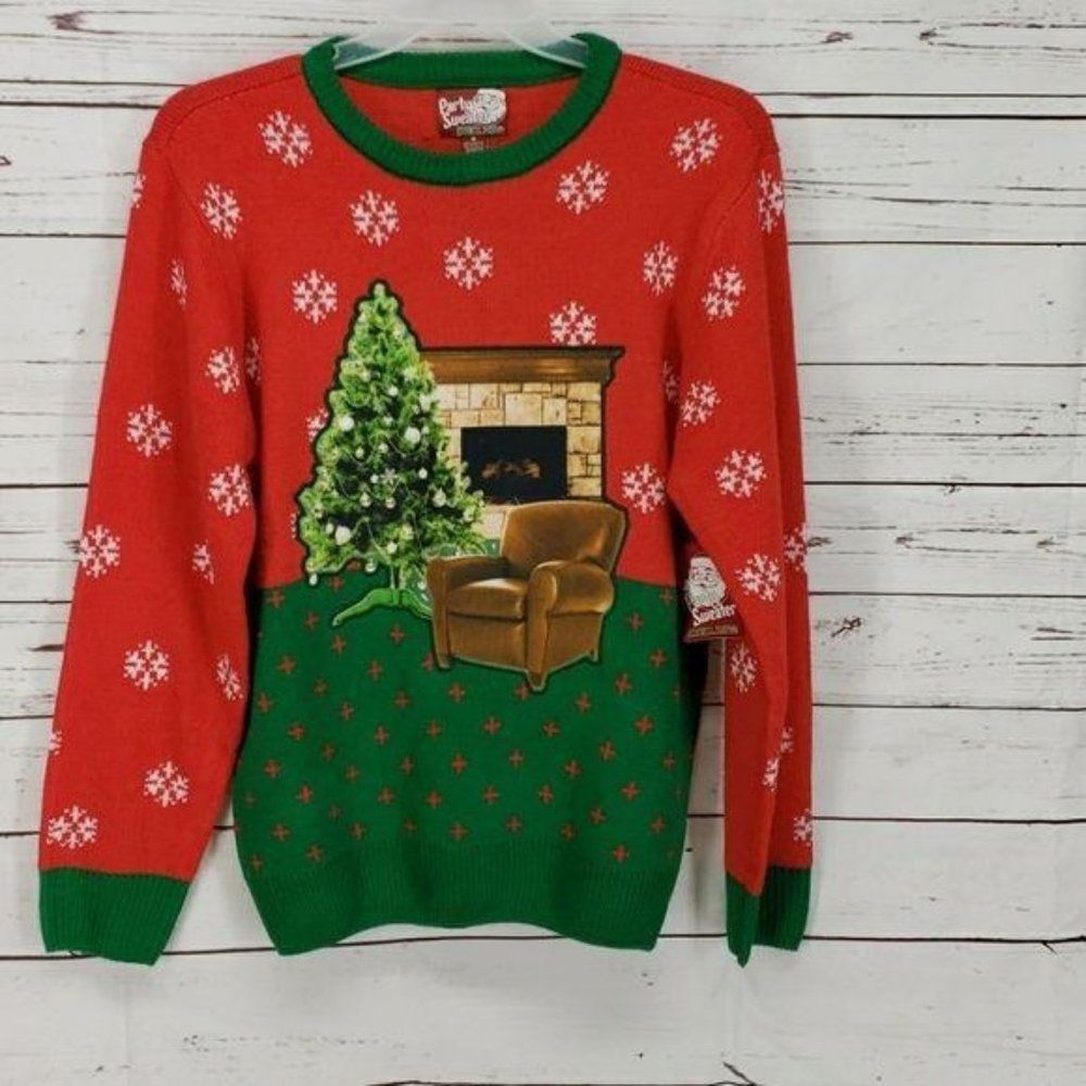 Party Sweater‎ Ugly Christmas fire place unisex red green medium Theme Sweater